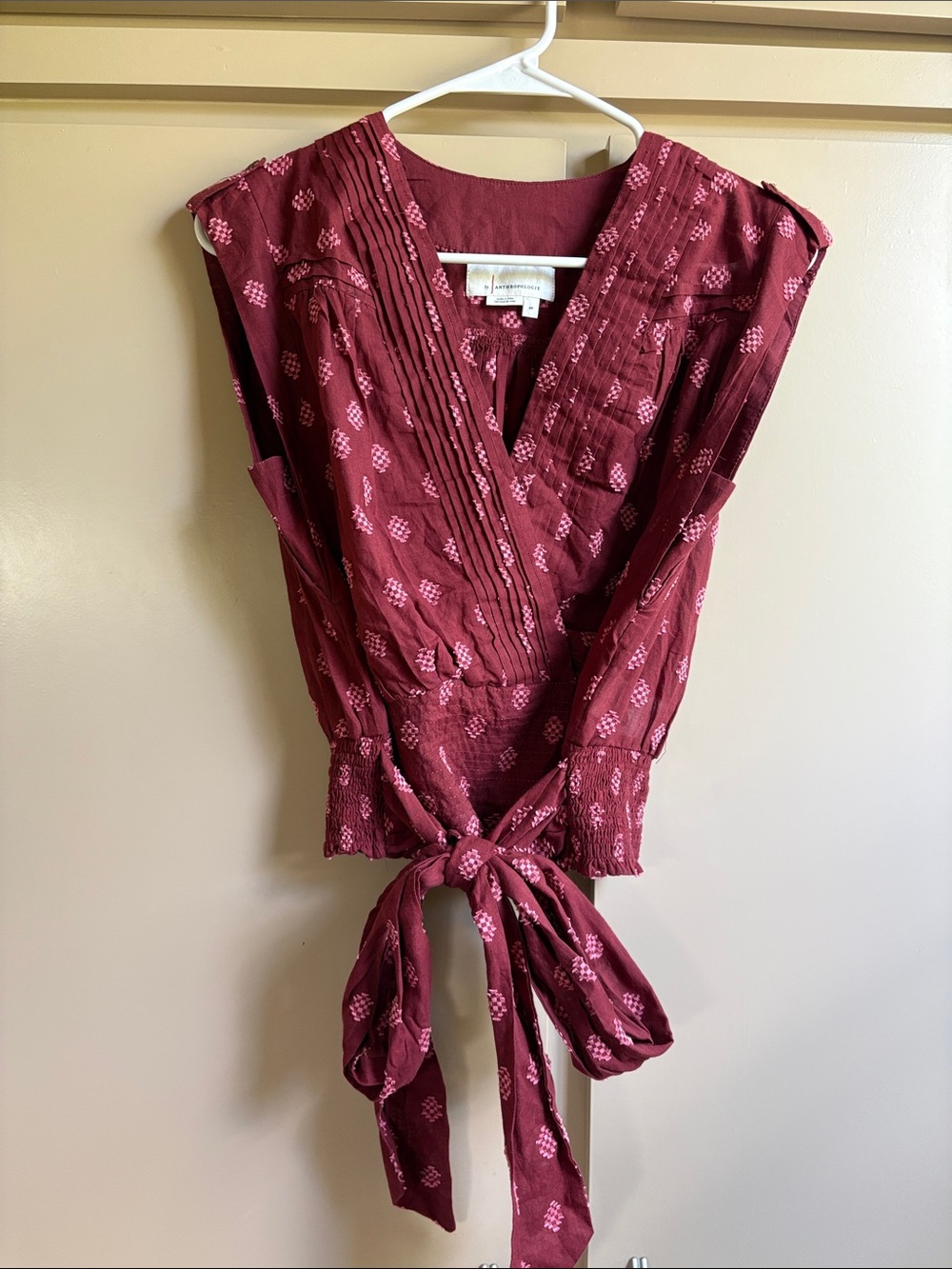 Anthropologie Burgundy Sleeveless Tie-Front Top